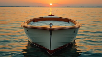 Wall Mural - Classic wooden boat at sunset on calm water.