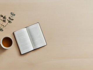 Poster - Minimalist Study Desk with Open Book, Tablet, and Warm Tea for Exam Preparation