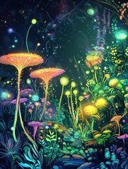 Poster - Exploring a vibrant microscopic ecosystem with glowing fungi and friendly microbes in a magical landscape. Generative AI