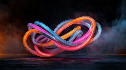 Poster - Interwoven streams of glowing neon light twisting in a dark environment artistic digital composition abstract viewpoint