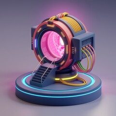 Poster - A futuristic, colorful device with glowing lights and a pink interior, possibly a portal or scanner.