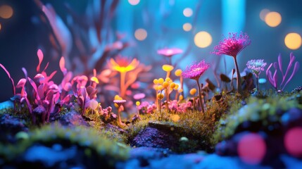 Poster - Microscopic ecosystem showcases friendly microbes thriving in vibrant colors and lush detail. Generative AI