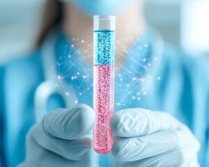 Aufkleber - Cutting-Edge Medical Research Gloved Hands Hold Vivid Test Tube in Laboratory Setting
