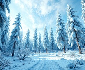 Sticker - A frozen forest scene with a blue-hued sky and towering trees covered in a thick layer of ice and snow, blue, scenery