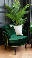 Wall Mural - Sophisticated interior design showcases a green color palette with an elegant armchair, plush pillows, a wooden floor, and decorative plants creating a serene atmosphere in the room