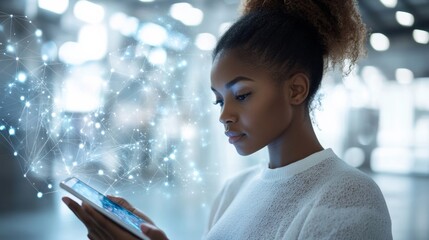 Poster - Modern Tech Innovation Young Black Woman Engaging with Data Visualizations in a Bright Co-Working Space