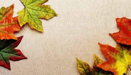Poster - autumn themed background with colorful maple leaves in vibrant orange, green, and red hues on beige textured burlap canvas for seasonal design

