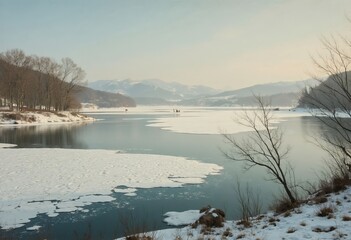 Wall Mural - Frozen lake with snow and distant mountains