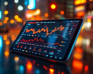 Poster - Sleek Tablet Displaying Stock Market App on Reflective Surface with Neon Financial Graphs