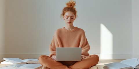 Poster - Focused Study Session of Young Woman with Books and Laptop in Natural Light