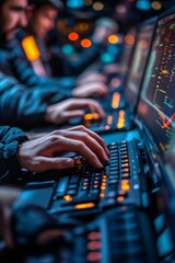 Poster - Cybersecurity Collaboration Hands Typing on Keyboards in Low Light with Glowing Data Screens