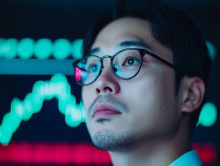 Poster - Korean Investor Analyzing Cryptocurrency Trends on Digital Screen in Neon-Lit Room