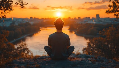 Poster - Serene Individual Meditating by the River at Sunset with Vibrant Golden Sky and Reflections, Capturing Peaceful Moment of Nature and Inner Calm in Urban Landscape