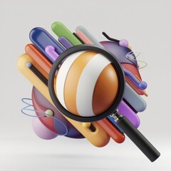 Aufkleber - A magnifying glass focuses on a vibrant, striped sphere amidst a colorful, abstract 3D composition.