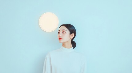 Poster - Modern Elegance Korean Woman in Minimalist Setting with Soft Glow Lighting