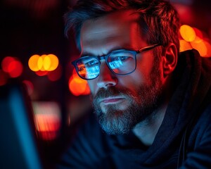 Fototapete - Cyberpunk Focus Man Engaged in Cybersecurity Training in Dark Room
