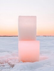 Poster - Geometric Neon Snow Blocks at Dusk Minimalist Winter Art Installation