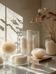 Canvas Print - Minimalist Still Life with Glass Containers and Mycelium Packaging in Sunlit Setting