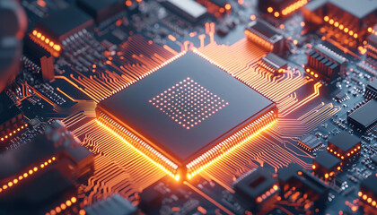 Poster - High tech microprocessor on circuit board with glowing connections, showcasing advanced technology and intricate design