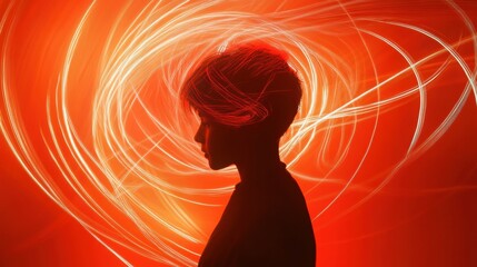 Poster - Silhouette of a person among dynamic swirling lines and abstract shapes in vibrant red hues. Generative AI