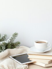 Poster - Cozy Winter Study Setup with Tablet, Books, and Coffee in Soft Morning Light