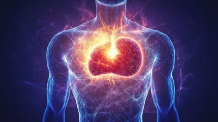 Aufkleber - Glowing torso with vibrant energy emanating from the stomach area, showcasing a dramatic display of light and color. Generative AI