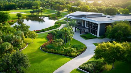 Wall Mural - Innovative Geothermal Technology Center Nestled in a Lush Green Landscape with a Serene Lake and Modern Eco Friendly Architecture