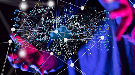 Poster - Data cloud storage network from lines, triangles and particle style design.
