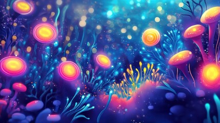 Poster - Explore the vibrant world of a magical microscopic ecosystem filled with friendly microbes and glowing life forms. Generative AI