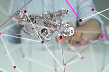 Poster - gear system data. Connecting lines and dots.Big data visualization  - 3d