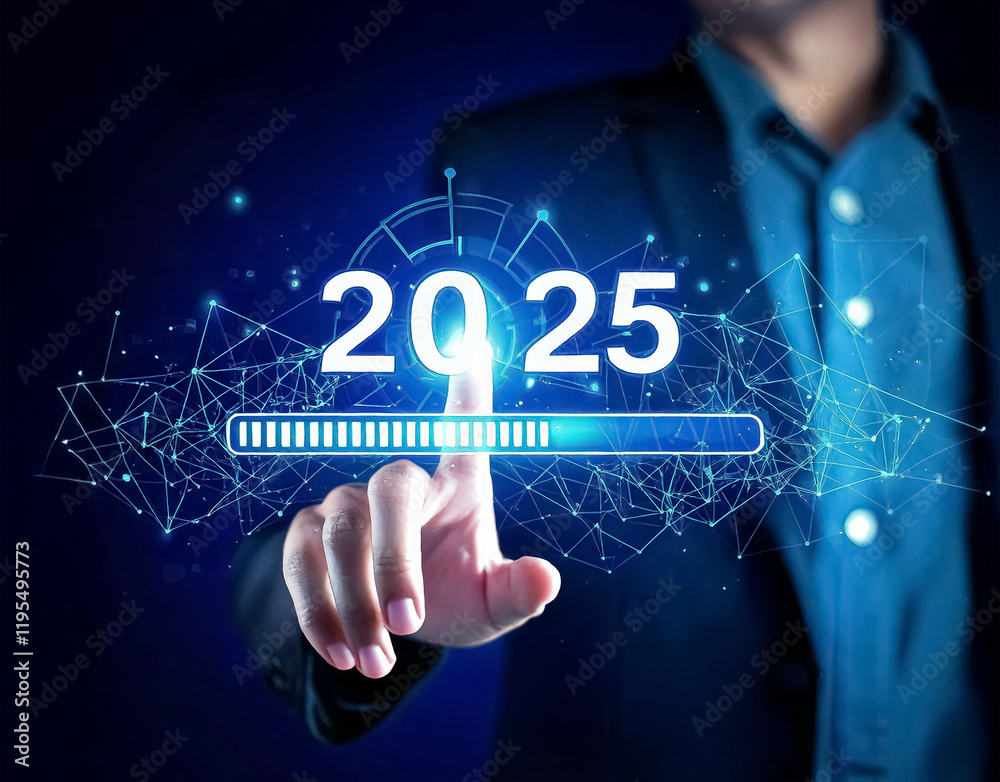 Countdown to 2025 concept. the taps a virtual download bar with a ...