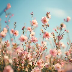 Poster - Sunlit Meadow of Peach Blossoms and Pastel Florals Under a Clear Sky