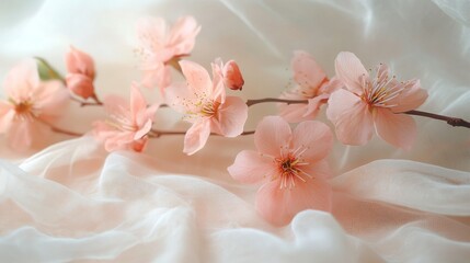 Canvas Print - Pastel Peach Blossoms on Sheer White Fabric in Soft Morning Light