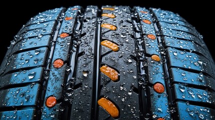 Sticker - Close-up of wet tire with tread detail.