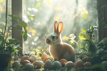 A rabbit sitting in grass surrounded by colorful eggs.