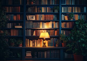 Poster - Warmly Lit Bookshelf Filled with Classic Literature and Greenery in Cozy Reading Nook