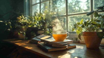 Poster - Sunlit Reading Nook with Tea and Books