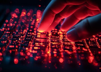 Aufkleber - Futuristic Cybersecurity Hand Interacting with Glowing Red Keypad in Shadowy Setting