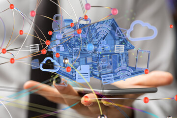 Poster - home iot - Neural network 3D illustration. Big data and cybersecurity - 3d