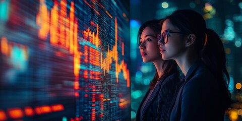 Aufkleber - Cyberpunk Financial Visionaries Analyzing Dynamic Data Streams in Neon-Lit Cityscape