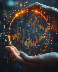 Poster - Hands Holding Holographic Financial Chart in Abstract Digital Light Display