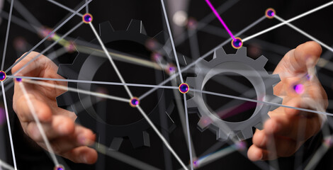 Poster - gear system data. Connecting lines and dots.Big data visualization  - 3d