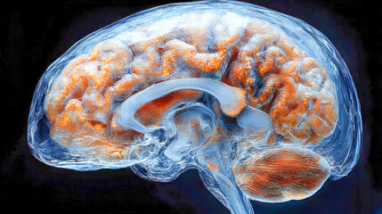 Poster - A transparent human skull showcasing a glowing brain in vivid orange and yellow tones, set against a laboratory background