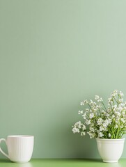 Poster - Minimalist Green Surface with White Mug and Flower Pot for Spring Aesthetic