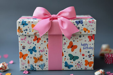 Wall Mural - Butterfly-themed gift box with pink ribbon and bow, ready for a birthday celebration