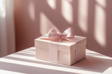 Wall Mural - Pink gift box with satin ribbon bow on table in sunlit room creating elegant and festive atmosphere