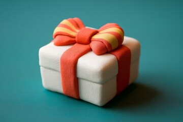 Wall Mural - Small white gift box decorated with orange and yellow striped bow, resting on turquoise background