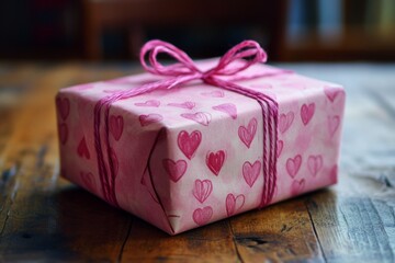 Wall Mural - Pink gift box with heart shapes, tied with string, expressing love and affection