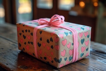 Wall Mural - Romantic gift box wrapped in hearts paper and tied with pink ribbon, perfect for valentine's day or any loving occasion