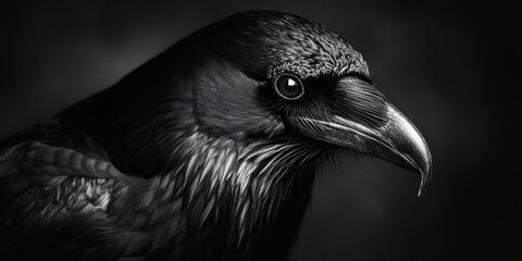 a raven with glossy black feathers is captured in a close-up view, revealing its sharp beak and inte